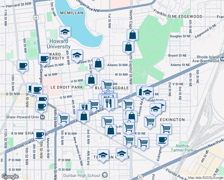 map of restaurants, bars, coffee shops, grocery stores, and more near 101 Independence Avenue Southeast in Washington