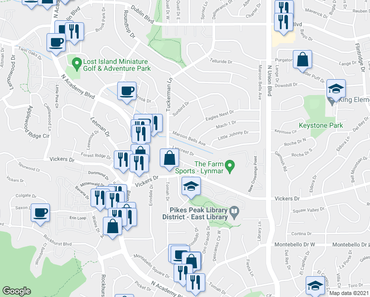 map of restaurants, bars, coffee shops, grocery stores, and more near 2470 Lyncrest Drive in Colorado Springs