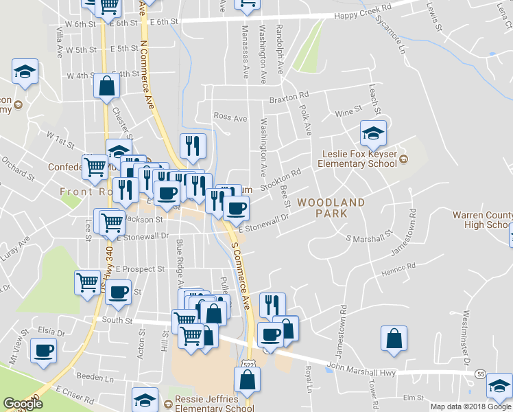 map of restaurants, bars, coffee shops, grocery stores, and more near 125 Thehill in Front Royal