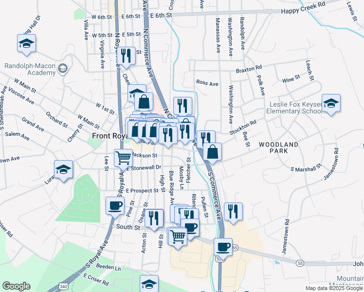 map of restaurants, bars, coffee shops, grocery stores, and more near 514 East Main Street in Front Royal
