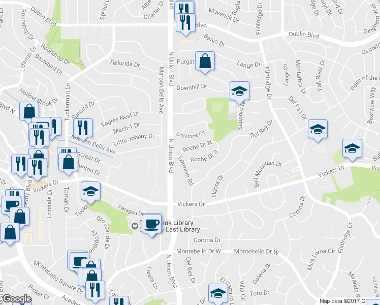 map of restaurants, bars, coffee shops, grocery stores, and more near 2935 Roche Drive North in Colorado Springs