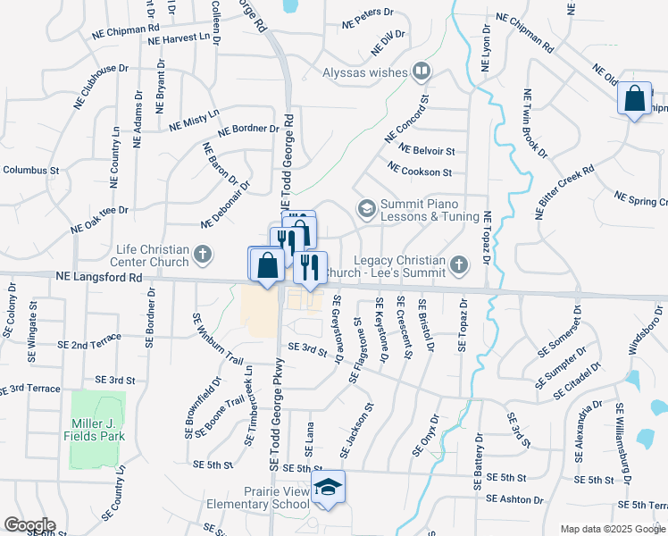 map of restaurants, bars, coffee shops, grocery stores, and more near 110 Northeast Greystone Drive in Lee's Summit