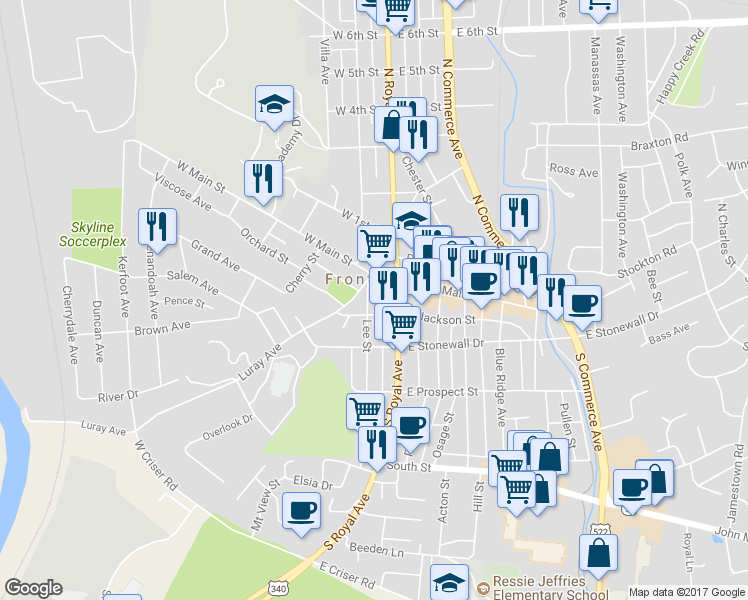 map of restaurants, bars, coffee shops, grocery stores, and more near 24 Lee Street in Front Royal