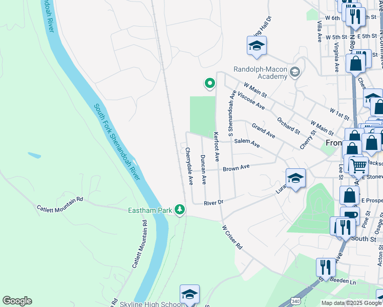 map of restaurants, bars, coffee shops, grocery stores, and more near 338 Cherrydale Avenue in Front Royal