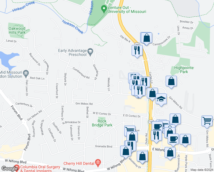 map of restaurants, bars, coffee shops, grocery stores, and more near 3001 Melody Lane in Columbia
