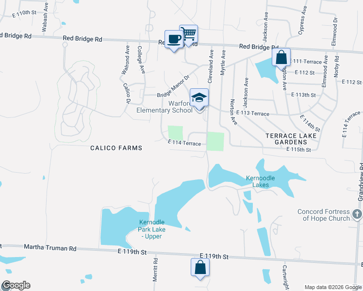 map of restaurants, bars, coffee shops, grocery stores, and more near 3505 East 114 Terrace in Kansas City