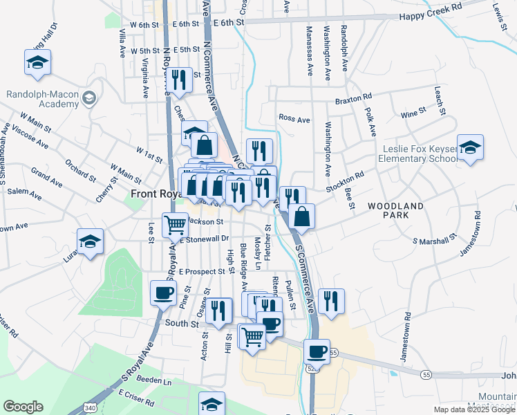 map of restaurants, bars, coffee shops, grocery stores, and more near 514 East Main Street in Front Royal