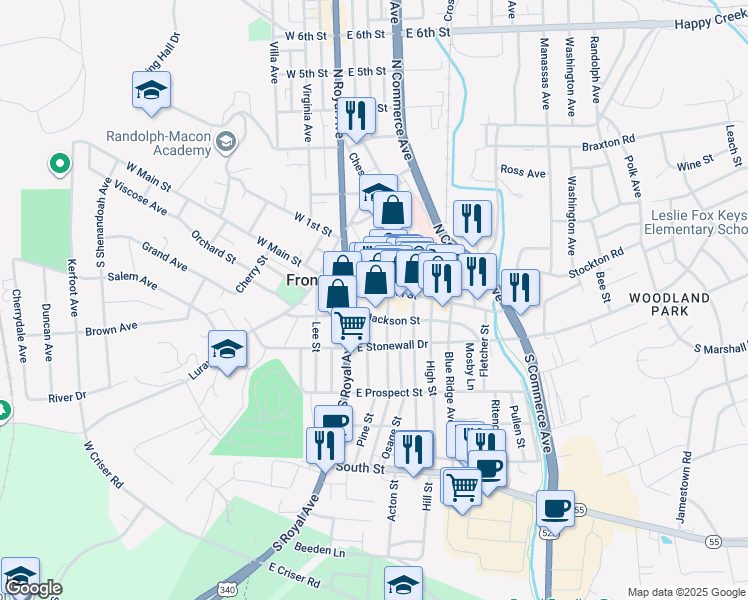 map of restaurants, bars, coffee shops, grocery stores, and more near 117 East Main Street in Front Royal