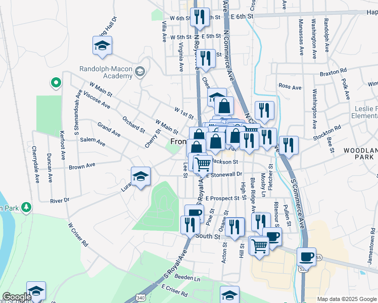 map of restaurants, bars, coffee shops, grocery stores, and more near 24 Lee Street in Front Royal