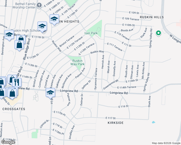 map of restaurants, bars, coffee shops, grocery stores, and more near 11307 Manchester Avenue in Kansas City