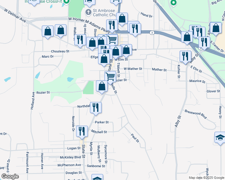 map of restaurants, bars, coffee shops, grocery stores, and more near 3328 Belle Street in Alton