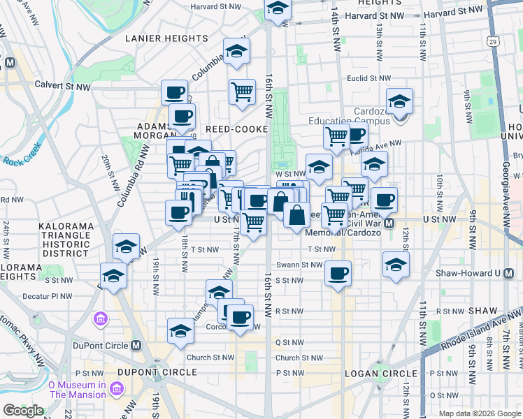 map of restaurants, bars, coffee shops, grocery stores, and more near 2008 16th Street Northwest in Washington