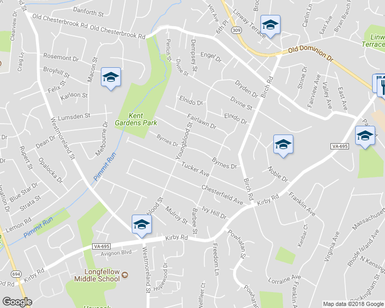 map of restaurants, bars, coffee shops, grocery stores, and more near 6527 Byrnes Drive in McLean