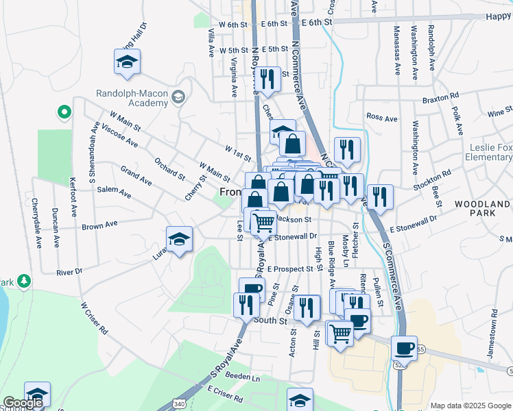 map of restaurants, bars, coffee shops, grocery stores, and more near 19 South Royal Avenue in Front Royal