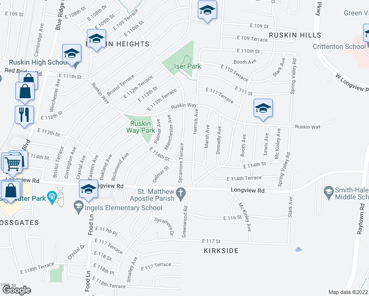 map of restaurants, bars, coffee shops, grocery stores, and more near 11359 Sycamore Terrace in Kansas City
