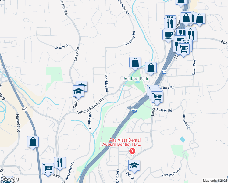 map of restaurants, bars, coffee shops, grocery stores, and more near 12740 Shockley Court in Auburn