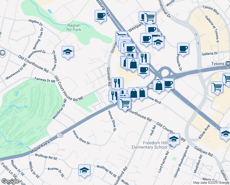 map of restaurants, bars, coffee shops, grocery stores, and more near 2070 Chain Bridge Road in Vienna