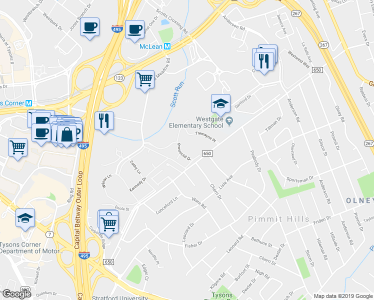 map of restaurants, bars, coffee shops, grocery stores, and more near 7640 Provincial Drive in McLean