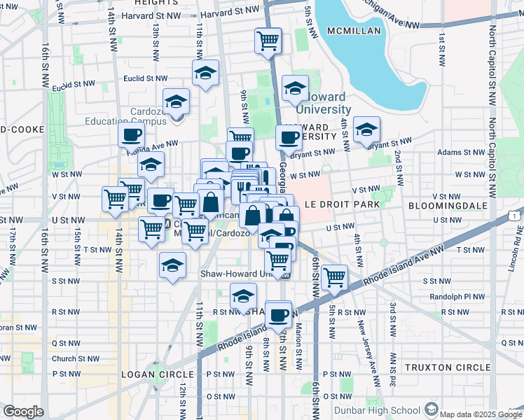 map of restaurants, bars, coffee shops, grocery stores, and more near 2030 8th Street Northwest in Washington