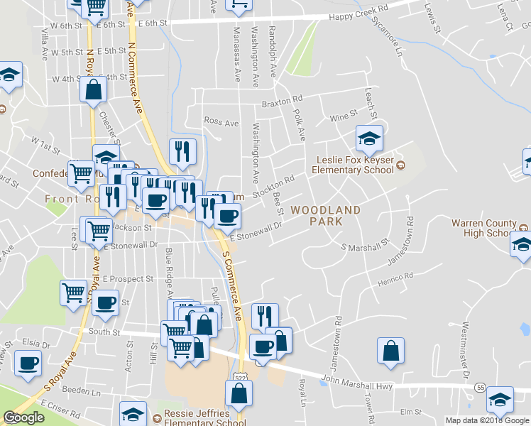 map of restaurants, bars, coffee shops, grocery stores, and more near 9 Washington Avenue in Front Royal