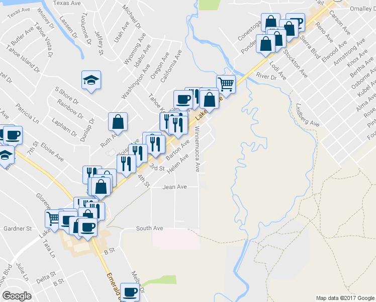 map of restaurants, bars, coffee shops, grocery stores, and more near 2241 Helen Avenue in South Lake Tahoe