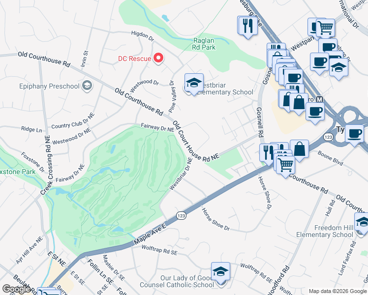 map of restaurants, bars, coffee shops, grocery stores, and more near 304 Old Courthouse Road Northeast in Vienna