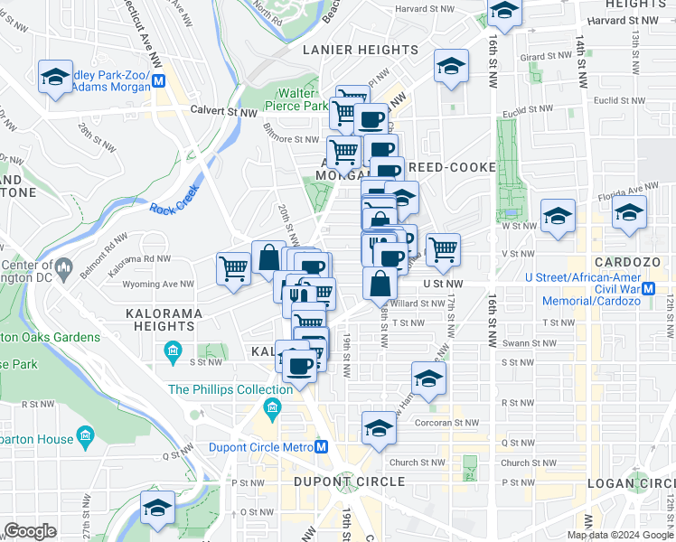 map of restaurants, bars, coffee shops, grocery stores, and more near 2017 19th Street Northwest in Washington