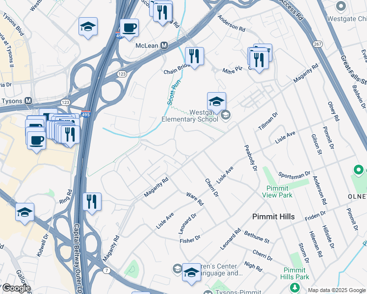 map of restaurants, bars, coffee shops, grocery stores, and more near 7640 Provincial Drive in McLean
