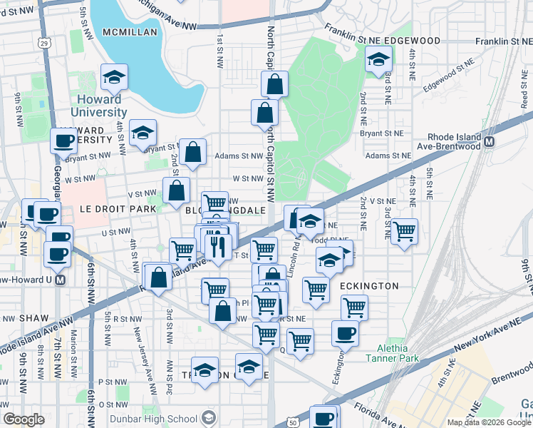 map of restaurants, bars, coffee shops, grocery stores, and more near 2018 North Capitol Street Northwest in Washington