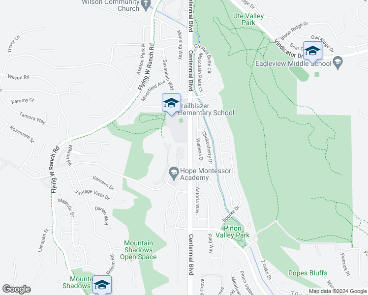 map of restaurants, bars, coffee shops, grocery stores, and more near 5914 Wisteria Drive in Colorado Springs