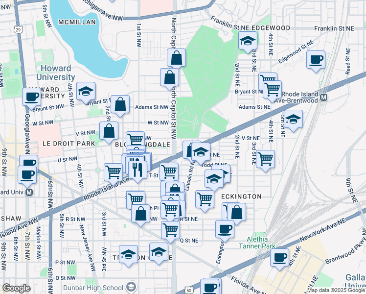 map of restaurants, bars, coffee shops, grocery stores, and more near 101 Independence Avenue Southeast in Washington