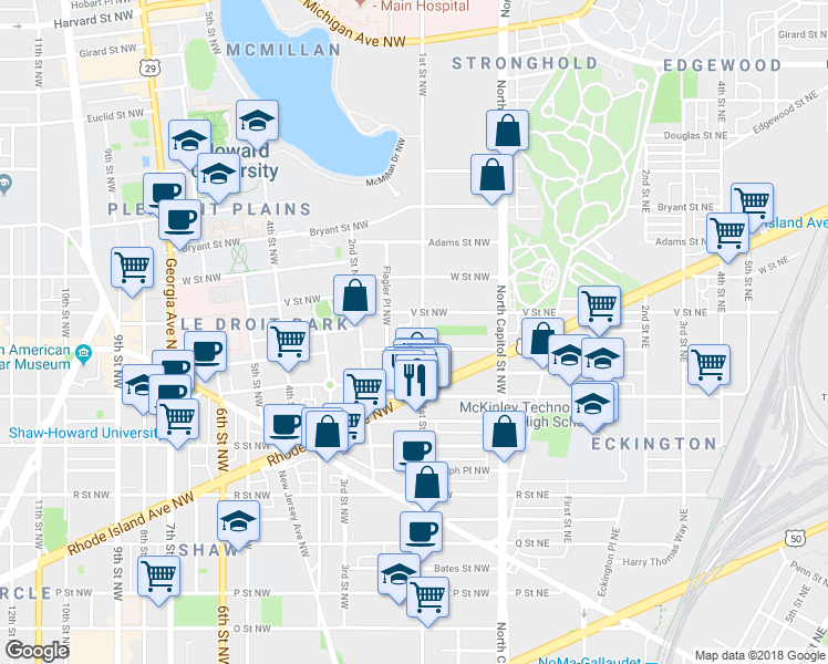 map of restaurants, bars, coffee shops, grocery stores, and more near 101 Independence Avenue Southeast in Washington