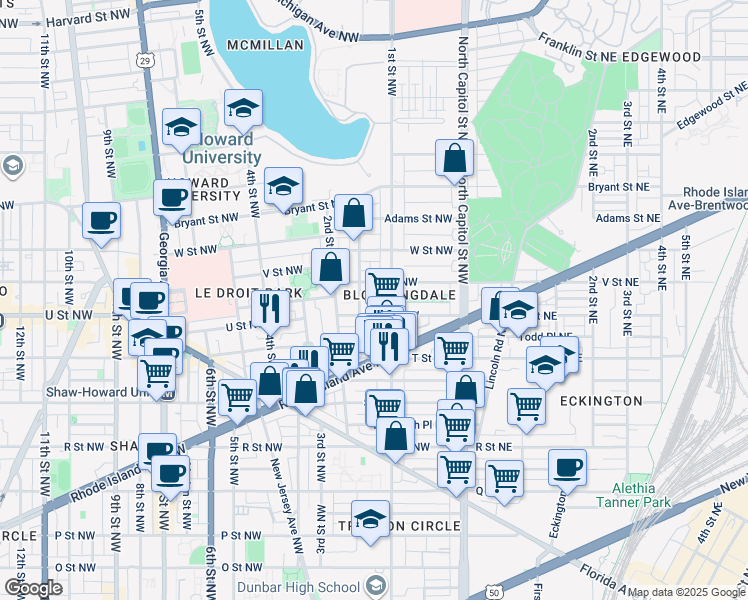 map of restaurants, bars, coffee shops, grocery stores, and more near 101 Independence Avenue Southeast in Washington