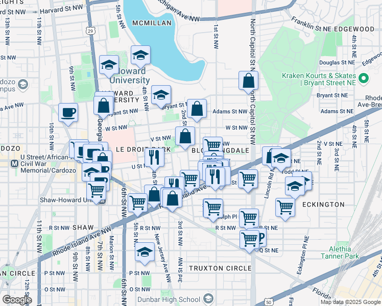 map of restaurants, bars, coffee shops, grocery stores, and more near 101 Independence Avenue Southeast in Washington