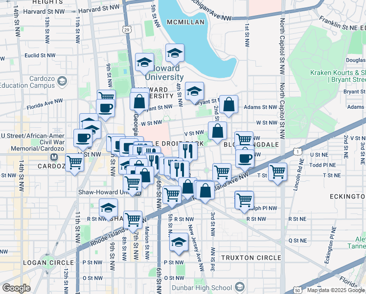 map of restaurants, bars, coffee shops, grocery stores, and more near 101 Independence Avenue Southeast in Washington