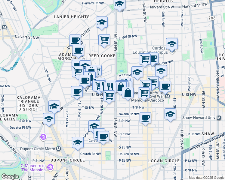map of restaurants, bars, coffee shops, grocery stores, and more near 2008 16th Street Northwest in Washington