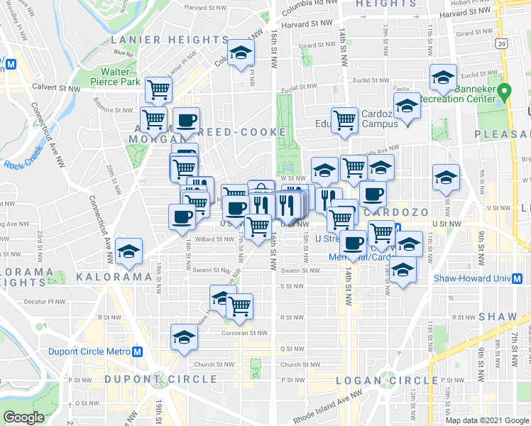 map of restaurants, bars, coffee shops, grocery stores, and more near in Washington