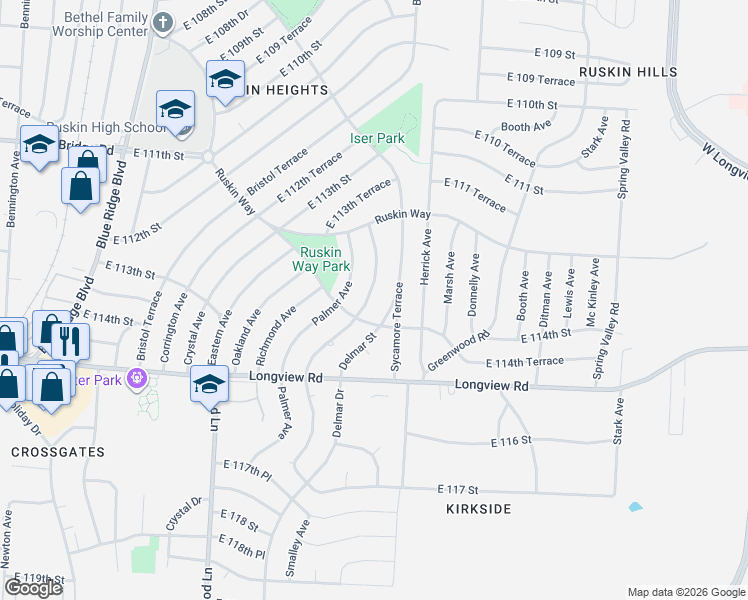 map of restaurants, bars, coffee shops, grocery stores, and more near 11307 Manchester Avenue in Kansas City