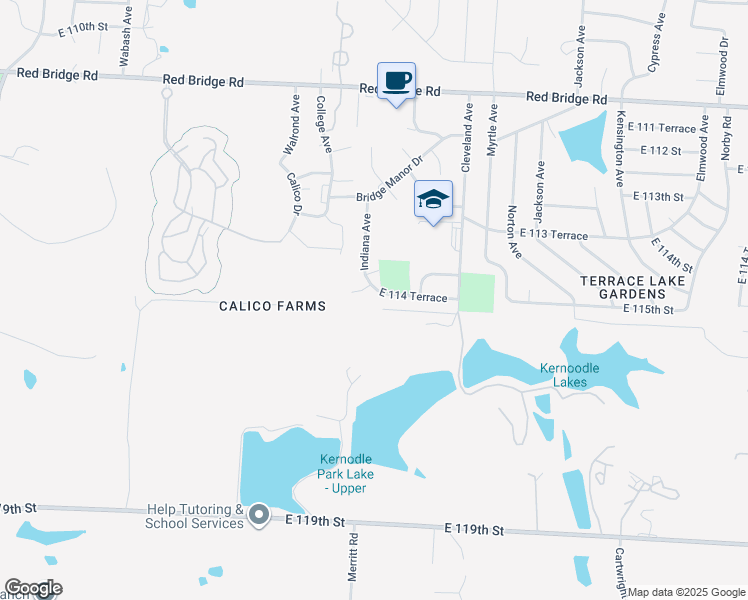 map of restaurants, bars, coffee shops, grocery stores, and more near 3317 East 114 Terrace in Kansas City