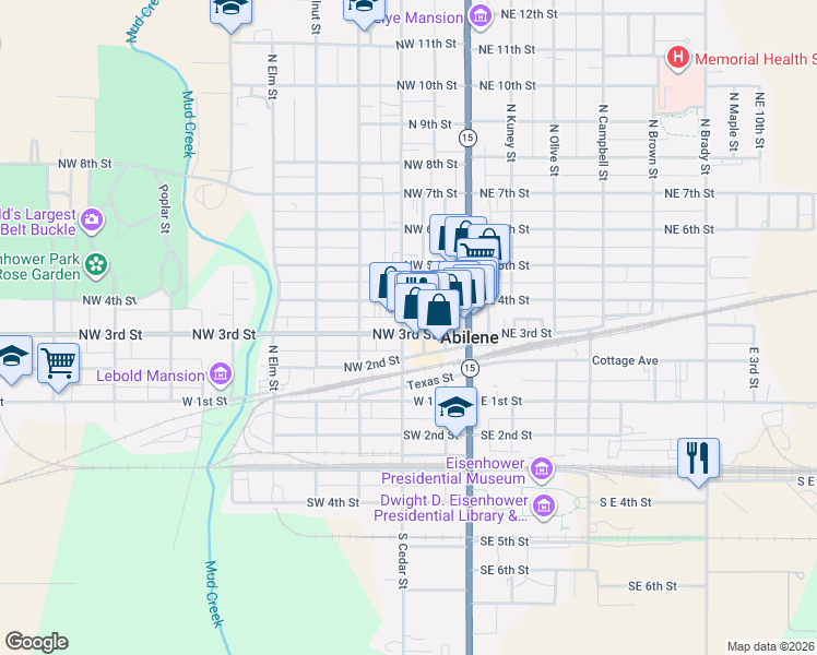 map of restaurants, bars, coffee shops, grocery stores, and more near 305 North Cedar Street in Abilene