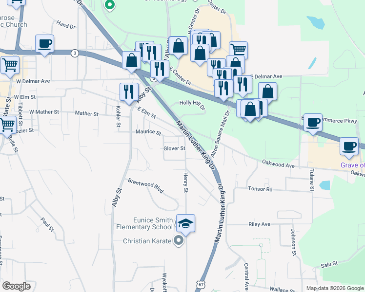 map of restaurants, bars, coffee shops, grocery stores, and more near 117 East Elm Street in Alton