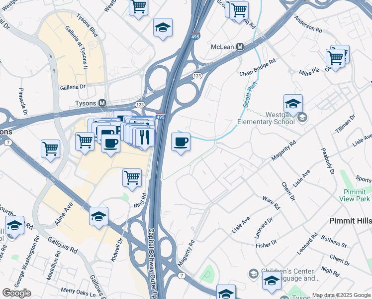 map of restaurants, bars, coffee shops, grocery stores, and more near 1800 Old Meadow Road in McLean