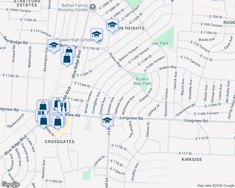 map of restaurants, bars, coffee shops, grocery stores, and more near 11229 Eastern Avenue in Kansas City