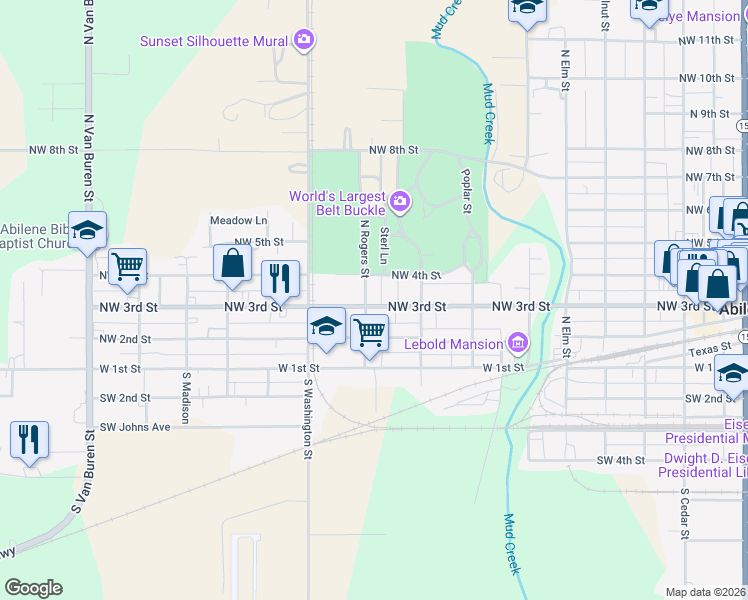 map of restaurants, bars, coffee shops, grocery stores, and more near 301 North Rogers Street in Abilene
