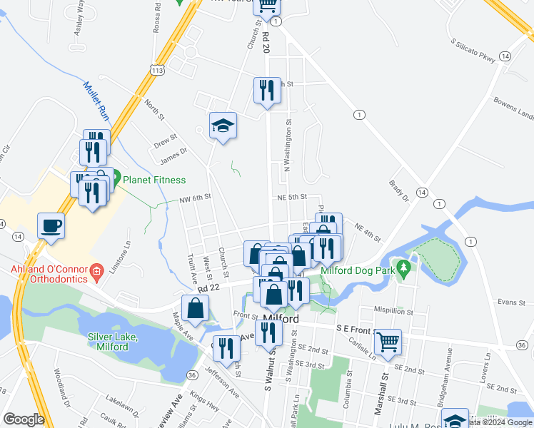 map of restaurants, bars, coffee shops, grocery stores, and more near 410 North Walnut Street in Milford