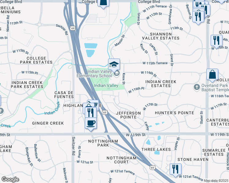 map of restaurants, bars, coffee shops, grocery stores, and more near 9908 West 116th Place in Overland Park