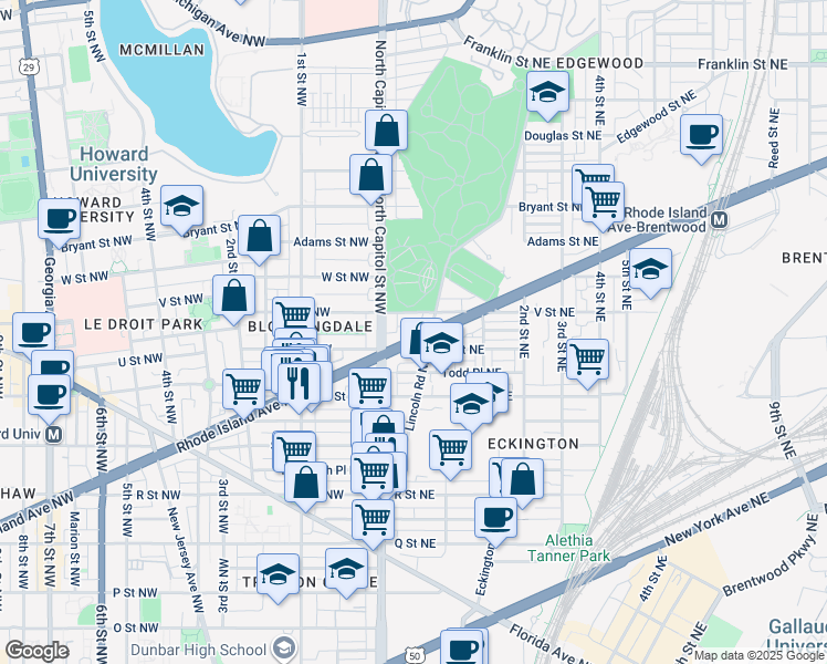 map of restaurants, bars, coffee shops, grocery stores, and more near 36 Rhode Island Avenue Northeast in Washington
