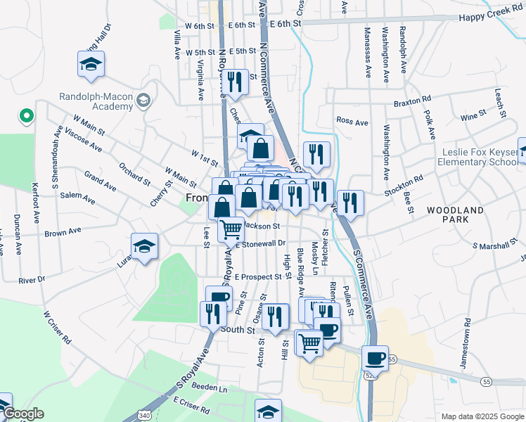 map of restaurants, bars, coffee shops, grocery stores, and more near 131 East Main Street in Front Royal