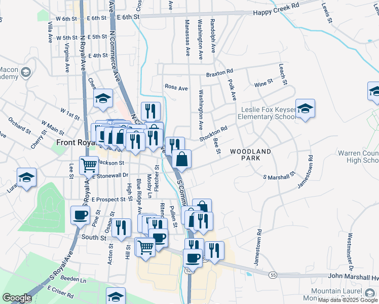 map of restaurants, bars, coffee shops, grocery stores, and more near The Hill in Front Royal