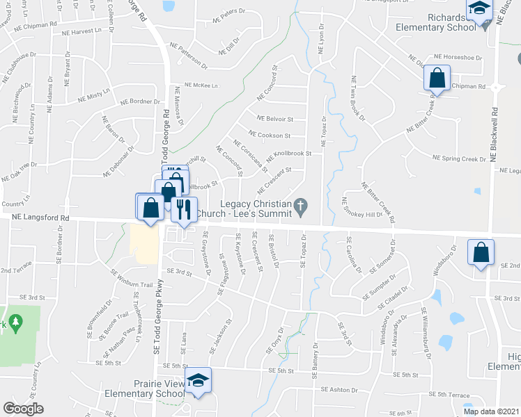 map of restaurants, bars, coffee shops, grocery stores, and more near 201 Northeast Crescent Street in Lee's Summit
